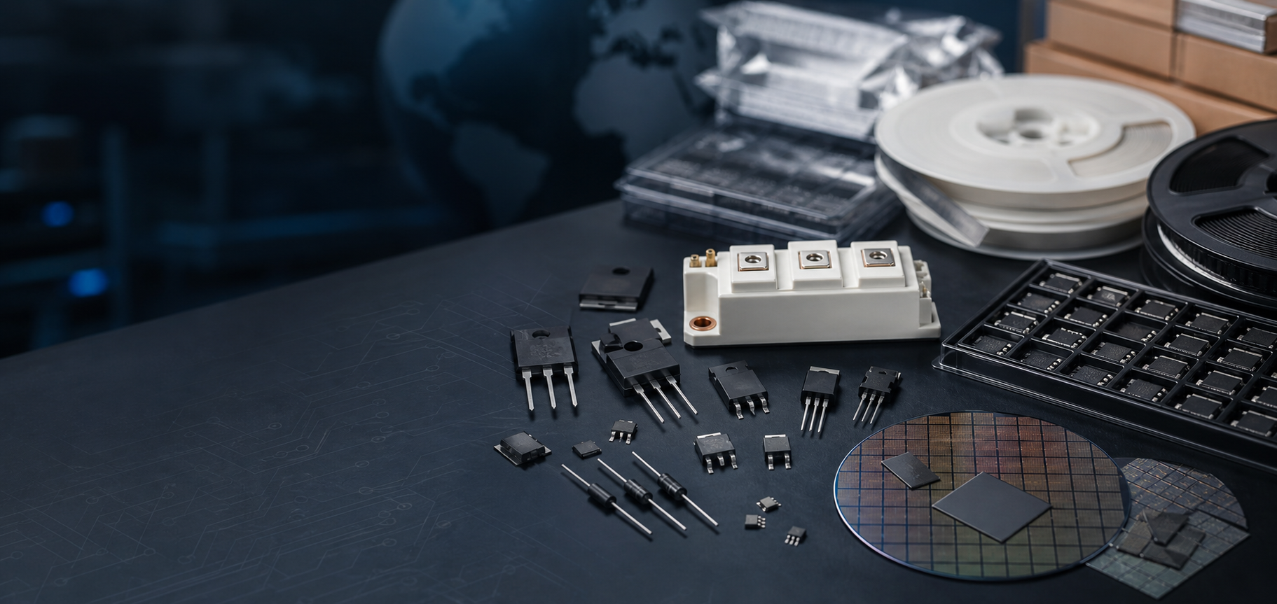 Discrete semiconductor components, trays and reels on a precision electronics workbench